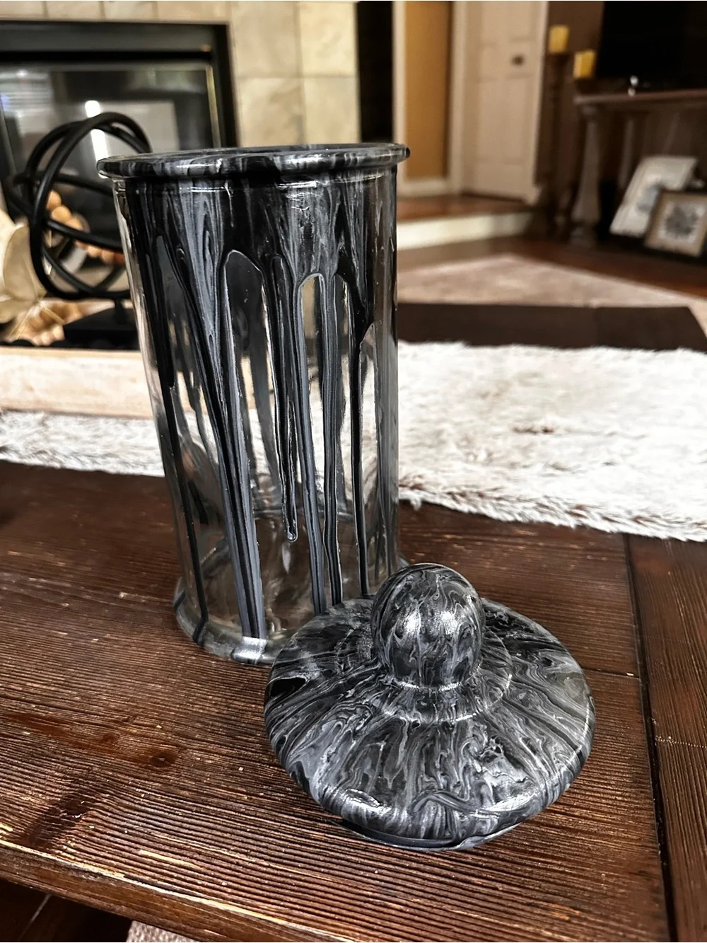 Hand crafted Black and silver Marble Effect glass Canister with Lid